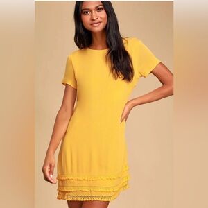 Lulu's Buenos Aires Golden Yellow Shift Dress Short Sleeve size S